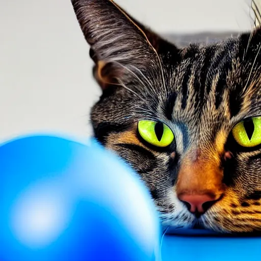 Image similar to a cat playing with a blue ball, XF IQ4, 150MP, 50mm, f/1.4, ISO 200, 1/160s, natural light, Adobe Photoshop, Adobe Lightroom, DxO Photolab, Corel PaintShop Pro, rule of thirds, symmetrical balance, depth layering, polarizing filter, Sense of Depth, AI enhanced