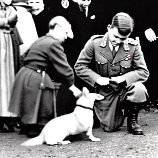 Image similar to ultra wide 1 9 4 6 blurry historical photo of a single german general kneeling before a young queen elizabeth in a french village, her brown and white corgis are next to her, highly detailed, sharp focus