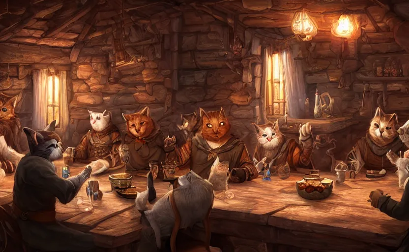 Image similar to mindblowing cat folk talking inside a tavern, fantasy art, cozy, dnd, digital art, 4 k, sharp, uhd