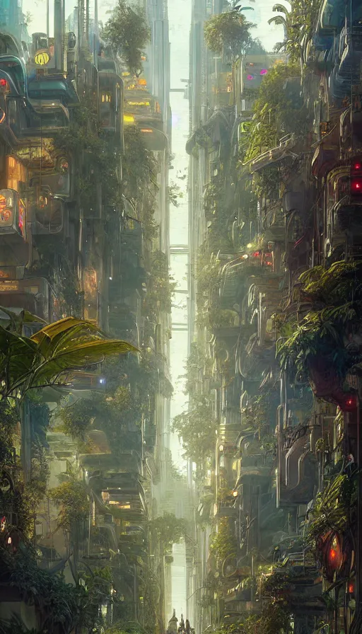 Image similar to hyper realistic cyberpunk city, overtaken by lush plants, gnarly trees by tom bagshaw, mucha, gaston bussiere, craig mullins, j. c. leyendecker 8 k