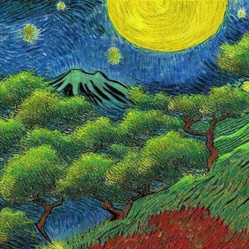 Prompt: japanese landscape, japanese kappa from harvest moon game in front, digital art, looks like van gogh painting