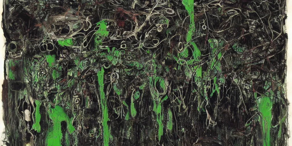 Image similar to a black and green biomechanical talisman of suffering, rotting, fungus, wings by maggi mcdonald, jackson pollock, mark rothko, sabina klein