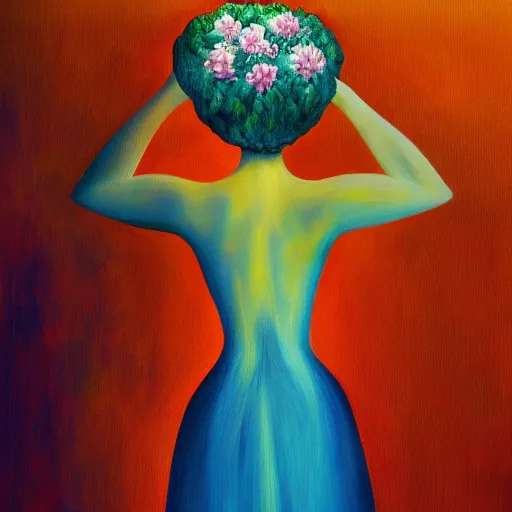 Image similar to huge flower as head, woman standing in a luxury apartment, surreal, dramatic light, impressionist painting, digital painting, artstation, georgia o'keeffe