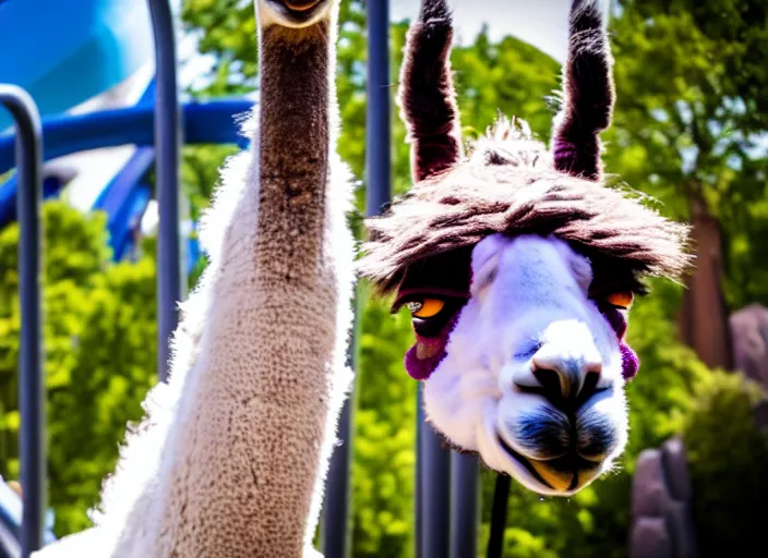 Prompt: film still of a llama riding a roller coaster in disneyland paris, 8 k