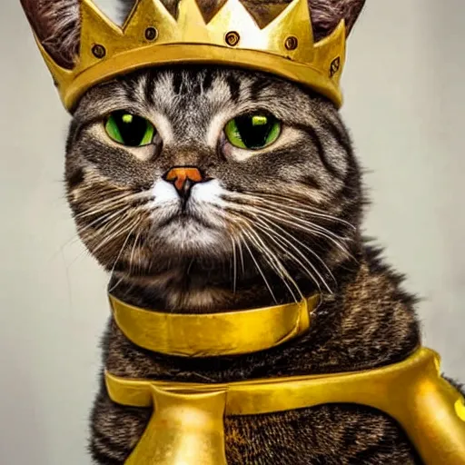 Image similar to a man - cat wearing a fine golden crown and black goggles, symmetric, smooth, sharp focus