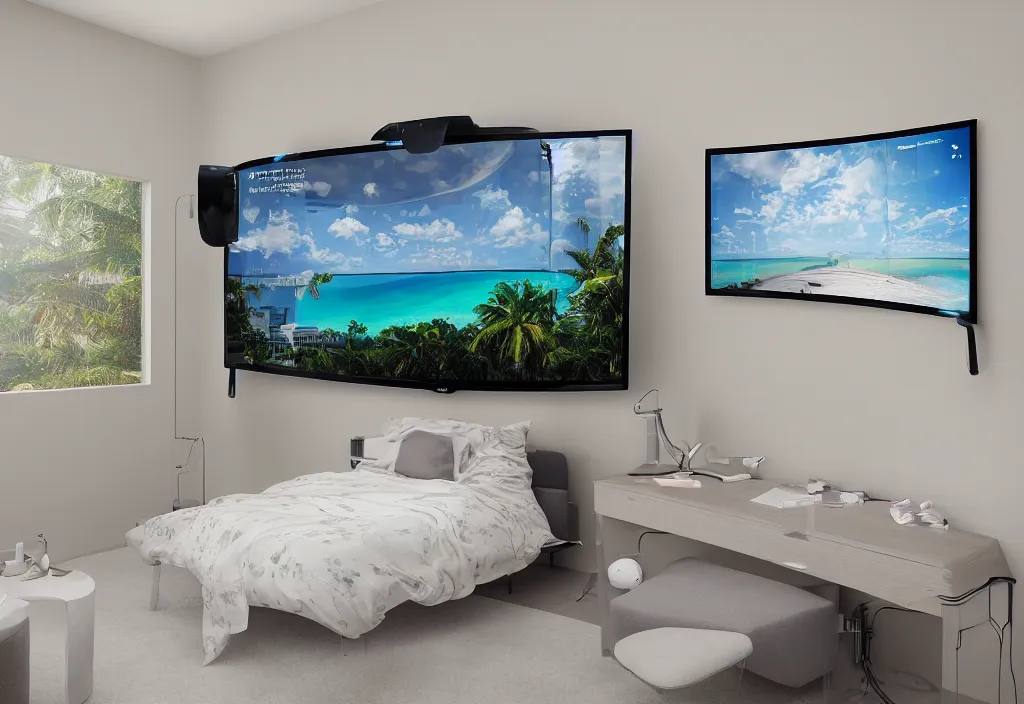 Image similar to curved transparent tv showing florida weathermap, volumetric lighting, bedroom, visor, users, pair of keycards on table, bokeh, creterion collection, shot on 7 0 mm, instax