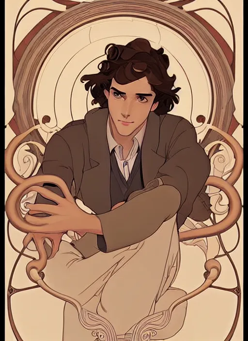 Prompt: art nouveau portrait of a young man with curly light brown hair, brown eyes, serious facial expression, casual clothes, natural lighting, path traced, highly detailed, high quality, cartoon, digital painting, by don bluth and ross tran and studio ghibli and alphonse mucha