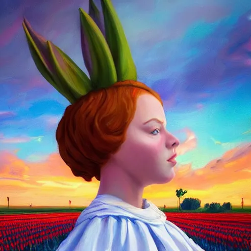 Image similar to giant tulip head dutch girl, surreal photography, flower field, sunset dramatic light, impressionist painting, colorful clouds, blue sky, digital painting, artstation, simon stalenhag