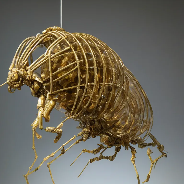 Prompt: hyperrealistic sculpture of a bronze fossilized cicada isopod in a large cage made of green plastic wire on a pedestal by ron mueck and duane hanson and lee bontecou, hyperrealistic dramatic colored lighting trending on artstation 8 k