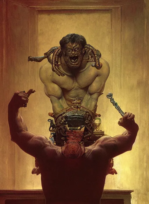 Image similar to upper body portrait of an ogre in victorian living room, by lawrence alma-tadema and zdzislaw beksinski and norman rockwell and jack kirby and tom lovell and greg staples, artstation creature art