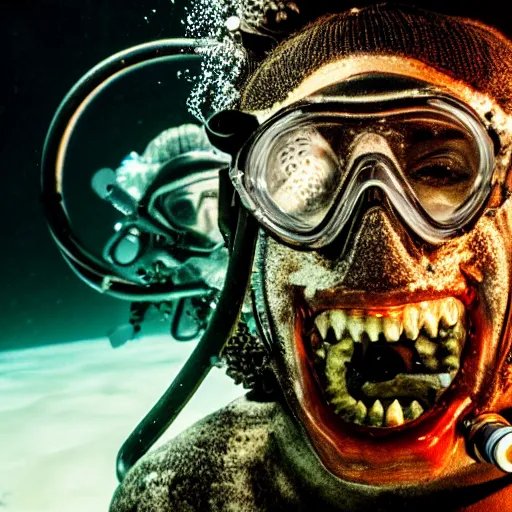 Prompt: scuba diver underwater in darkness surrounded by teeth-like nightmares in the dark, cinematic, 4k,