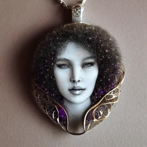 Prompt: beautiful female portrait, made of 3 d swirls, inner glow, symmetric face, flowing curly hair, under the moonlight, gemstone necklace, by wlop