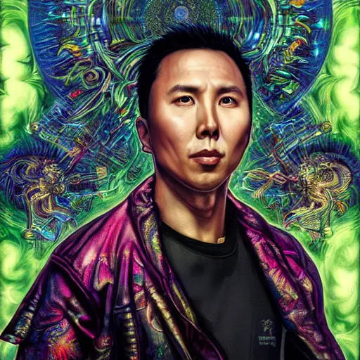 Image similar to portrait of donnie yen, hyper detailed masterpiece, neon floral pattern, jean giraud, digital art painting, darkwave goth aesthetic, psychedelic, artgerm, donato giancola and tom bagshaw