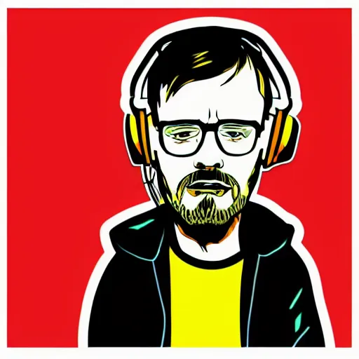 Image similar to a breaking-bad-Jesse-Pinkman, svg sticker, vector art, wearing headphones, jamming to music