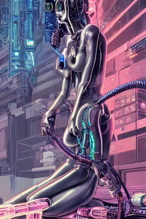 Image similar to a detailed airbrush cyberpunk illustration of a female android seated on the floor in a tech labor, seen from the side with her body open showing cables and wires coming out, by masamune shirow, hajime sorayama, boris vallejo and katsuhiro otomo, japan, 1980s, dark, colorful