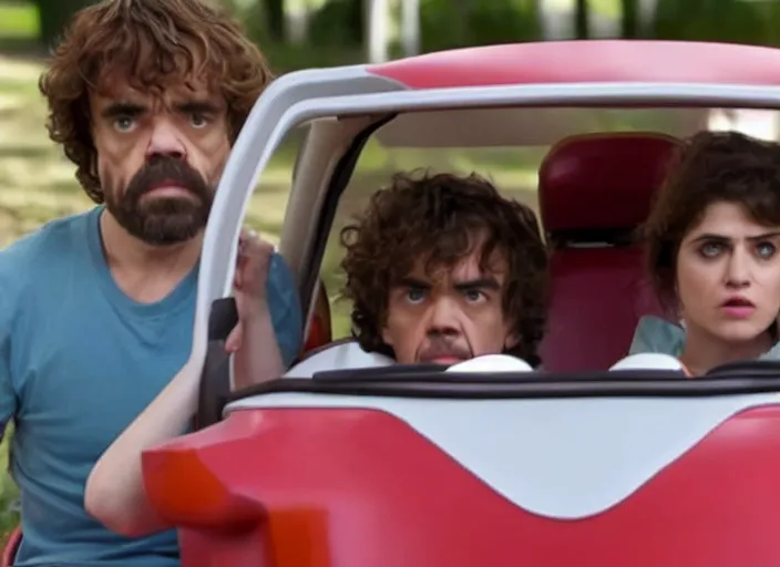 Image similar to peter dinklage and alexandra daddario driving a little tikes cozy coupe, movie still, from the new fast and furious tokyo drift movie, 8 k, realistic