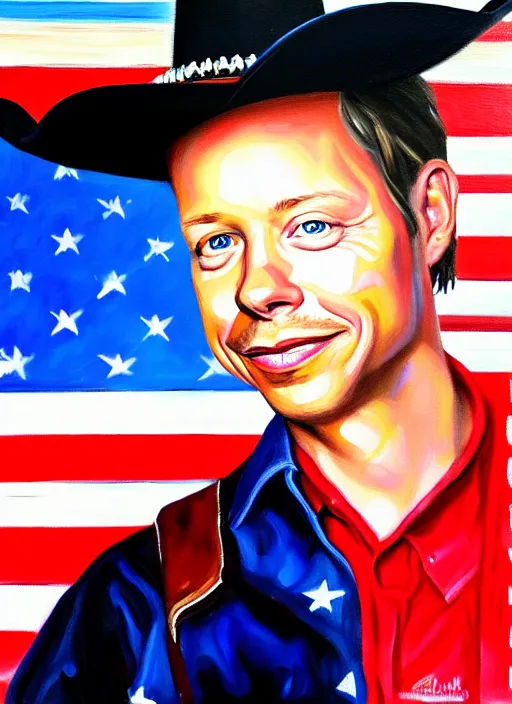 Image similar to oil painting portrait of brock pierce, american flag on background, cowboy style.