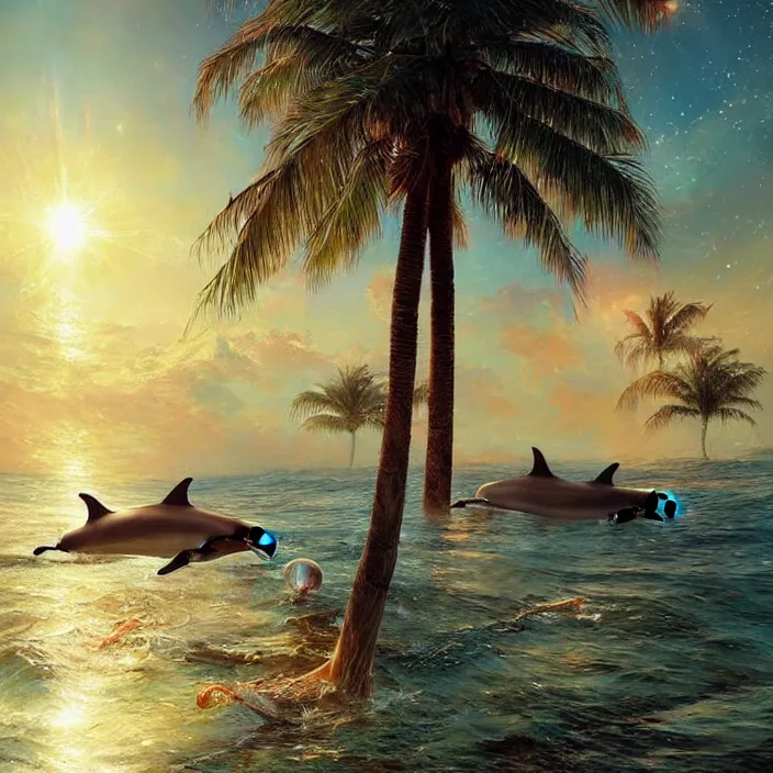 Prompt: dolphins swimming, golden hour, god rays, by artgerm and ruan jia and ismail inceoglu and greg olsen, palm trees, cosmos, milky way galaxy, masterpiece, beautiful, intricate, elegant, highly detailed