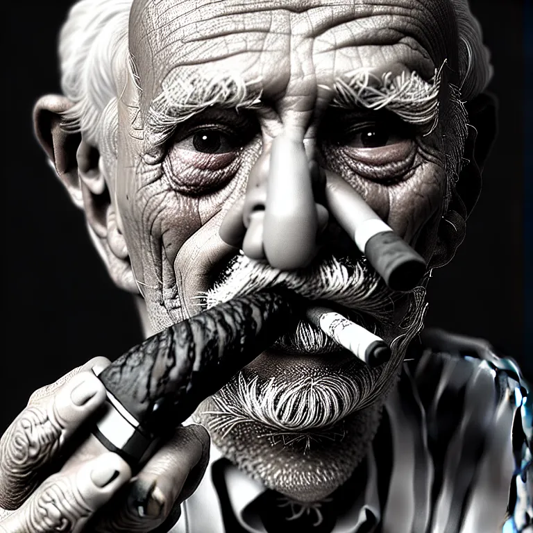 Image similar to a detailed portrait of an old man, smoking a perfectly symmetrical cuban cigar, cinematic photography, smoke rising like clouds, beautifully symmetrical, super resolution, cgi, trending on art station, volumetric lighting & shadows, hyper detailed, 8 k, unreal engine, canon 2 0 0 mm,