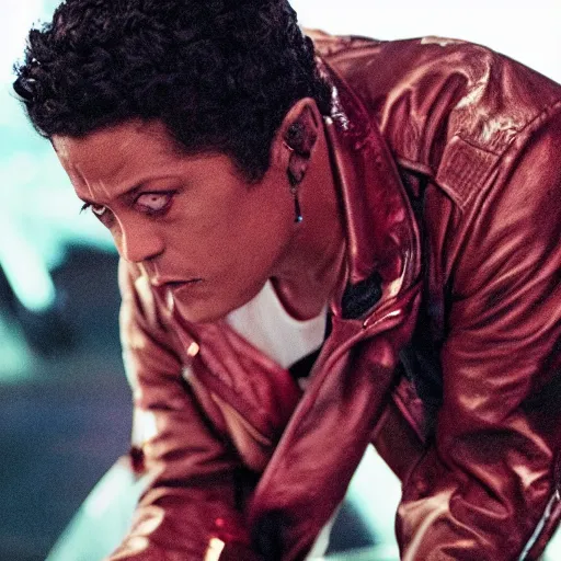 Image similar to movie still of bruno mars cyborg, cinematic composition, cinematic light, criterion collection, by edgar wright