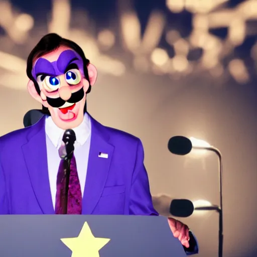 Image similar to photograph of waluigi as a presidential candidate giving a speech. Dramatic lighting. Award winning photography.