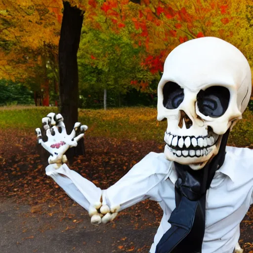 Prompt: Mr. Bones having a fun time at a Fall Festival in a rural neighbor hood near a forest, it is sunny outside, tree leaves are changing colors