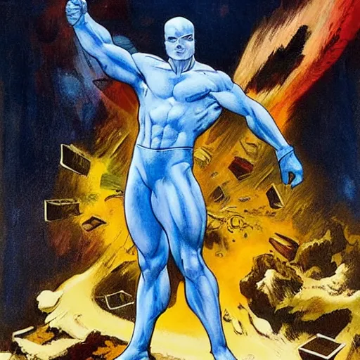 Prompt: painting by Frank Frazetta of Christian Bale as Dr. Manhattan in Watchmen