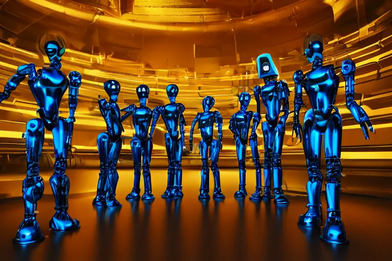 Image similar to a queue of 7 golden and blue metal humanoid steampunk robots in front of an entrance door to a futuristic nightclub, robots are wearing and gears and tubes, eyes are glowing red lightbulbs, shiny crisp finish, 3 d render, 8 k, insaneley detailed, fluorescent colors, nightlight