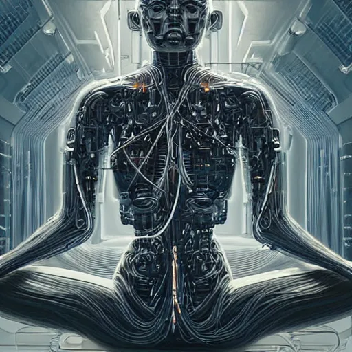 Prompt: Meditating cyborg with many cybernetic implants and wiring, lotus pose, techno-optimism, utopia, sci-fi, hyperrealist, centered, wide angle shot, detailed, intricate, digital painting by Greg Rutkowski, face by artgerm, digital art, trending on artstation, top post of all time on /r/transhumanism subreddit