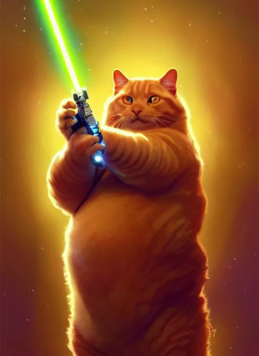 Image similar to a fat ginger cat holding a lightsaber, star wars, beautiful glowing lights, sci - fi, stunning, intricate, elegant. highly detailed, digital painting. artstation. smooth. sharp focus. illustration. art by artgerm and greg rutkowski and alphonse mucha