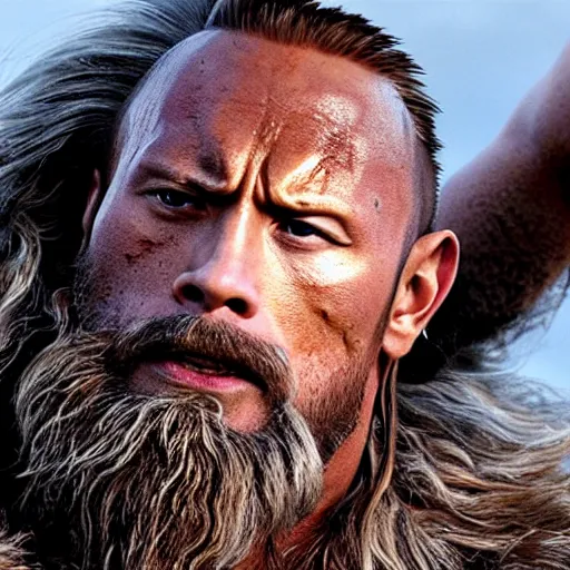 Image similar to Dwayne Johnson as viking , film still