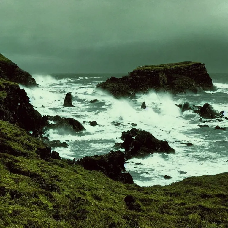 Prompt: dark and moody 1 9 7 0's artistic technicolor spaghetti western film, a large huge group of women in a giant billowing wide long flowing waving shining bright white dresses, standing inside a green mossy irish rocky scenic landscape, crashing waves and sea foam, volumetric lighting, backlit, moody, atmospheric, fog, extremely windy, soft focus