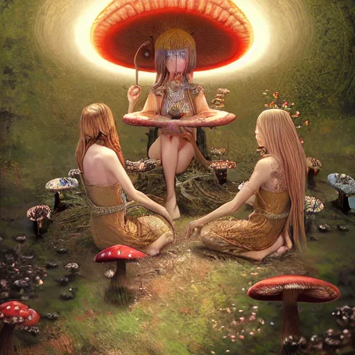 Prompt: mushroom goddess with group of elders, discussing the new season of friends, cynical realism, hiroya oku painterly, yoshitaka amano, chris cunningham, renderfruit, beautiful lighting, tendrils, in the style of, wlop, scientific diagram