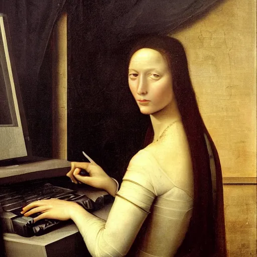 Image similar to Renaissance oil painting, creepy young lady, dark hair, typing computer keyboard staring at a giant computer screen on wall