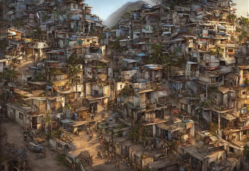 Image similar to photorealistic favela rio with precise rendered guns with intricate details of gun happy people in by Justin Gerard