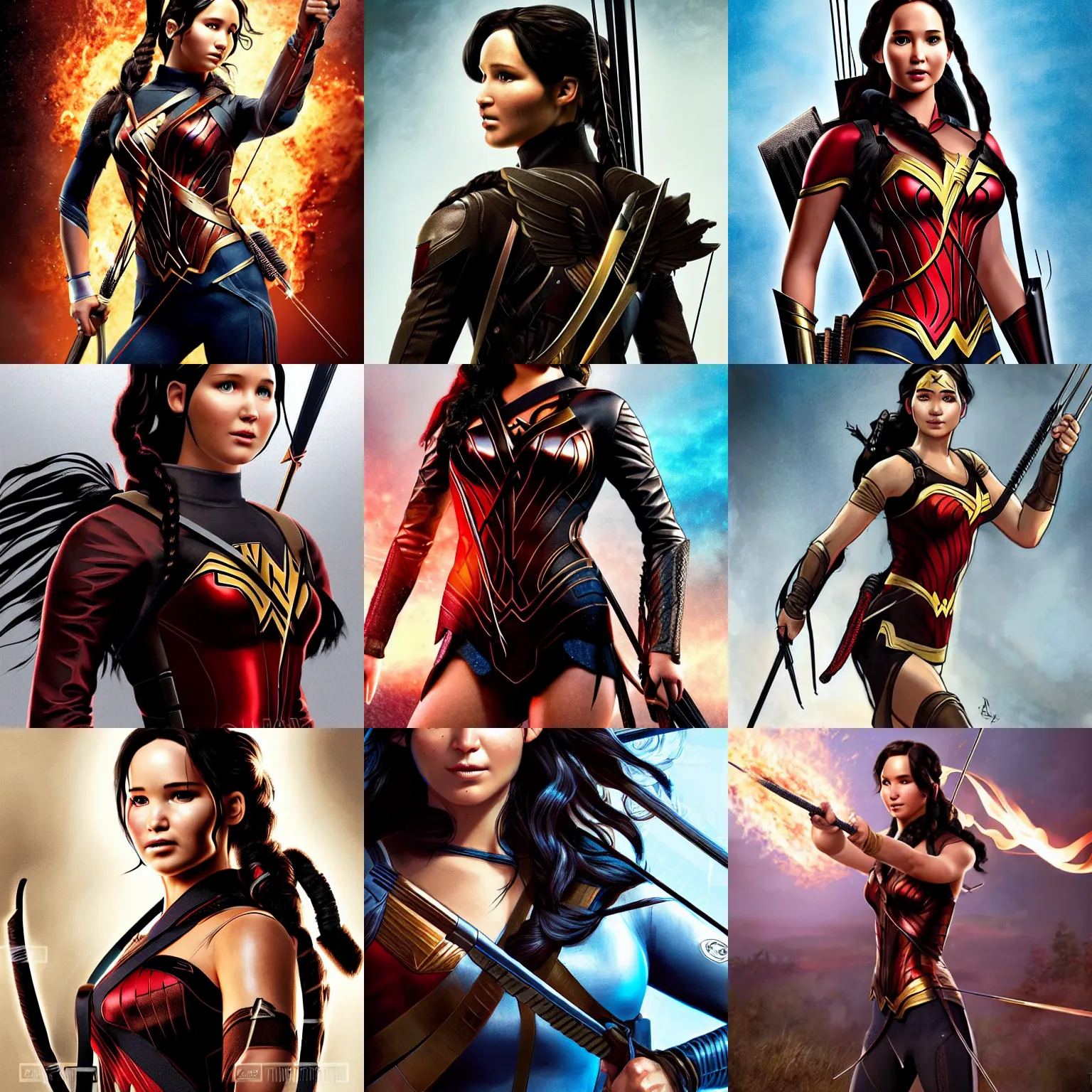 Prompt: katniss everdeen as wonder woman ( from dc movie wonder - woman ), apex legends character digital illustration portrait design by, mark brooks and brad kunkle detailed, gorgeous lighting, wide angle action dynamic portrait