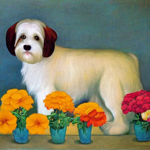 Image similar to portrait of a cream colored havanese dog with marigolds by diego rivera 1 9 3 5