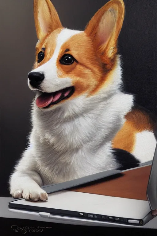 Prompt: Corgi on laptop studying for Medical School, oil on canvas, intricate, portrait, 8k highly professionally detailed, HDR, CGsociety