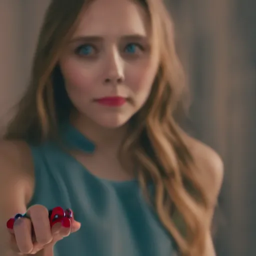 Prompt: Elizabeth Olsen holding a ring out saying 'No', photorealistic imagery, 4k, 8k