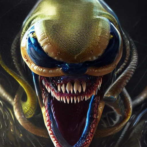 Image similar to portrait of venom, intricate artwork, concept art, octane render, deviantart, cinematic, key art, hyperrealism, iridescent accents, portrait photograph, nikon 3 5 mm, photograph by greg rutkowski