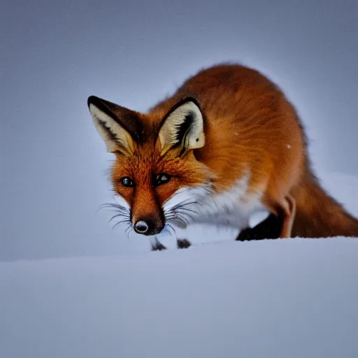 Image similar to mouse mixed with a fox searching for food in the snow, macro shot, soft light of winter, award winning photo, national geographic,