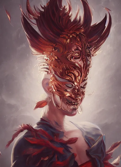 Image similar to a beautiful detailed oil on copper art illustration of a japanese ikazuchi mask devil woman, the mask is broken, centered, by charlie bowater, zeng fanzh, trending on artstation, dim dusk lighting, cinematic lighting, detailed lighting, volumetric lighting, realistic, f 8, 4 k hd wallpaper