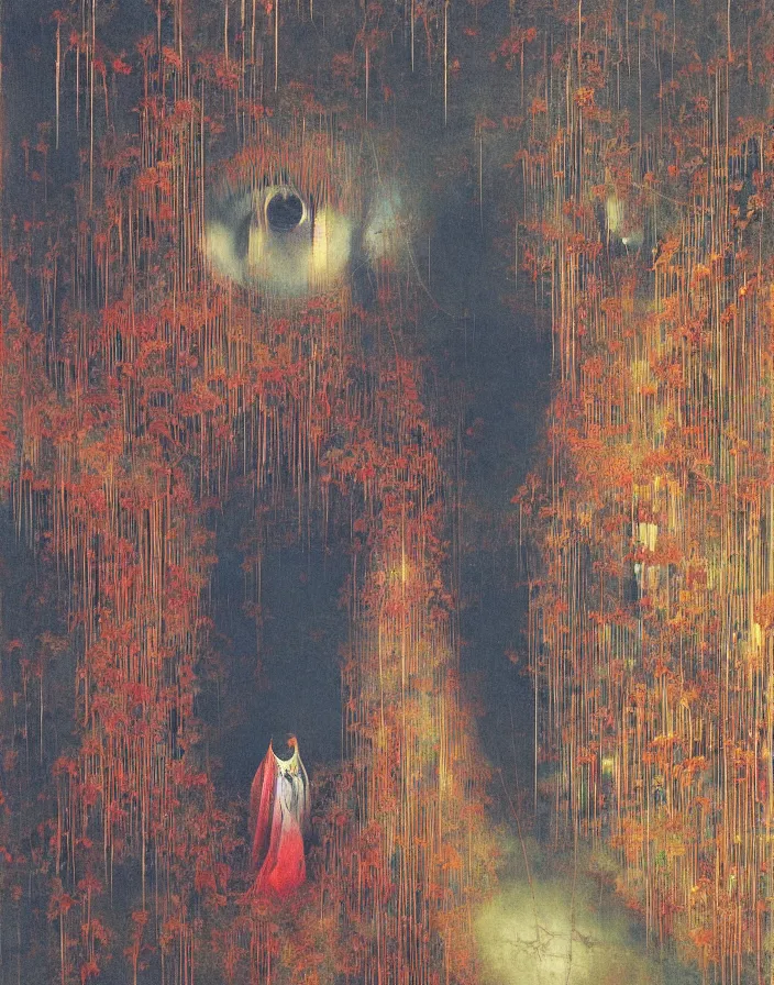 Image similar to worshippers in robes entering the door of the light house, going through the door, high detailed beksinski painting, part by adrian ghenie and gerhard richter. art by takato yamamoto. masterpiece, deep colours, blue