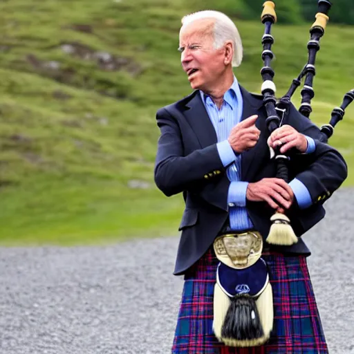 Image similar to joe biden wearing a kilt and playing a bagpipe in the scottish highlands, 8 k, very detailed,