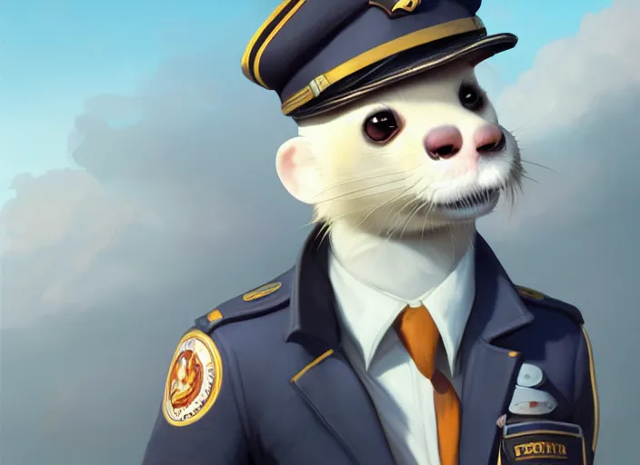 Prompt: character portrait feature of the anthro male anthropomorphic ferret fursona wearing airline pilot outfit uniform professional pilot character design stylized by charlie bowater, ross tran, artgerm, and makoto shinkai, detailed, soft lighting, rendered in octane, airport in background