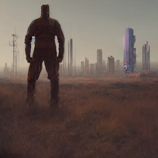 Prompt: realistic man standing in cyberpunk high desert digital art, trending on artstation, neon