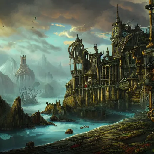 Image similar to steampunk fantasy landscape, digital art, trending on artstation, highly detailed, 4k, hd