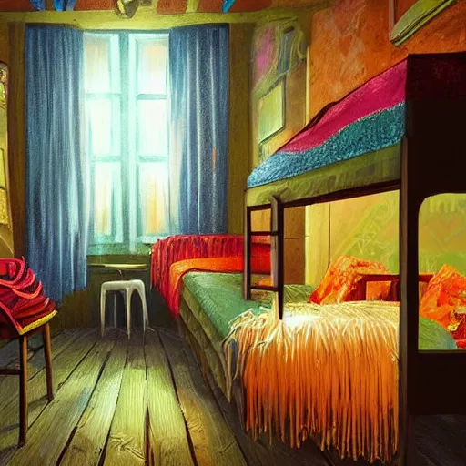 Image similar to a vivid bug with fringes of light and color enters a hostel room and lights a candle, fantasy art