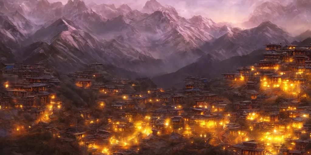 Image similar to tibetan mountain village at dusk, dim volumetric lighting, 8 k octane render, hdr, postprocessing, hyperdetailed, intricate, epic composition, cinematic lighting, masterpiece, trending on artstation, stunning art by anders zorn, extraordinary artwork by greg rutkowski