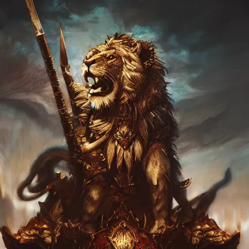 Image similar to Lion, Anthropomorphized, as warlord general on skull throne, magic the gathering artwork, D&D, fantasy, cinematic lighting, centered, symmetrical, highly detailed, digital painting, artstation, concept art, smooth, sharp focus, illustration, volumetric lighting, epic Composition, 8k, art by Akihiko Yoshida and Greg Rutkowski and Craig Mullins, heroic pose, oil painting, cgsociety, Battlefield background, explosions, arrows